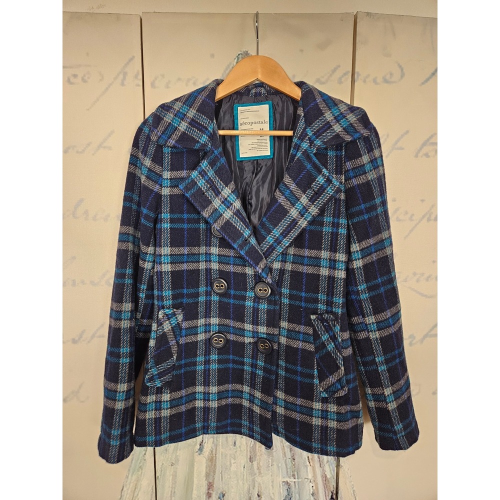 Aeropostale Womens Wool Blend Plaid Pea Coat Navy Blue Teal Size Medium